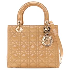 Dior-Dior Brown Medium Patent Cannage Lady Dior-Brown,Beige