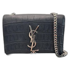 Saint Laurent Kate Monogram Frangia Croc Nero Nero Silver hardware