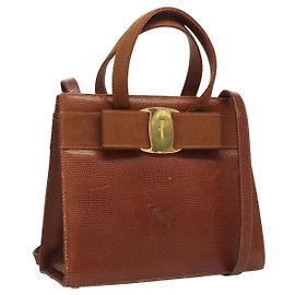 Bolsa de mão em couro estampado Vala da Salvatore Ferragamo 2 em 1 marrom ouro Auth gh015 Marrom Dourado
