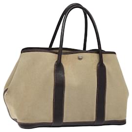 Hermès-HERMES Sac à main Garden Party PM Toile enduite Beige Argent Auth bs25278-Argenté,Beige