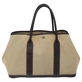 Hermès-HERMES Sac à main Garden Party PM Toile enduite Beige Argent Auth bs25278-Argenté,Beige