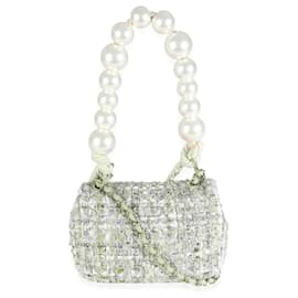 Chanel-Sac à rabat mini en tweed multicolore rose avec poignée en perles Chanel-Rose