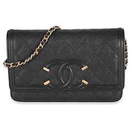 Chanel-Chanel Black Quilted Caviar Filigree Wallet On Chain-Black