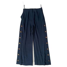 Pantaloni Chanel in seta blu navy con bottoni CC dorati Blu navy