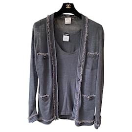 Chanel-Chanel Blue Linen Tweed Trim Blouse and Cardigan TwinSet FR 42-Navy blue