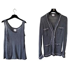 Chanel-Chanel Blue Linen Tweed Trim Blouse and Cardigan TwinSet FR 42-Navy blue