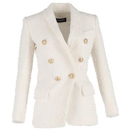 Balmain Double Breasted Blazer in Ivory Tweed White Cream