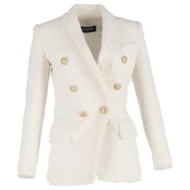Balmain-Balmain Double Breasted Blazer in Ivory Tweed-White,Cream