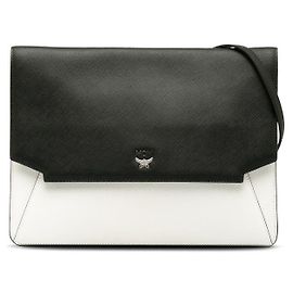 MCM Leather Flat Shoulder Bag Black White Black