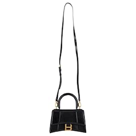 Balenciaga-Balenciaga XS Hourglass Handbag in Black Calfskin Leather-Black