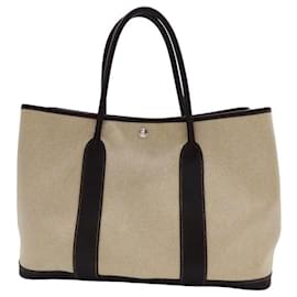 Hermès-Sac tote en toile et cuir Hermes Garden Party PM-Marron