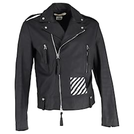 Off White-Off-White Diagonal Stripe Biker Jacket in Black Leather-Black