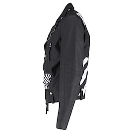 Off White-Off-White Diagonal Stripe Biker Jacket in Black Leather-Black