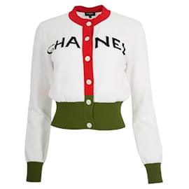 Chanel-Chanel 19S Iconic White Red Cropped Cardigan Sweater FR 38-White,Red