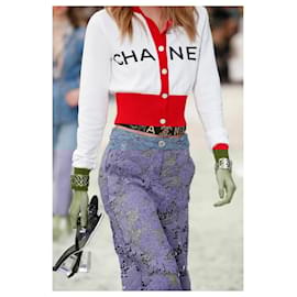 Chanel-Chanel 19S Iconic White Red Cropped Cardigan Sweater FR 38-White,Red