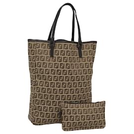 Fendi-FENDI Zucchino Canvas Tote Bag Beige Silver Auth sw631-Silvery,Beige