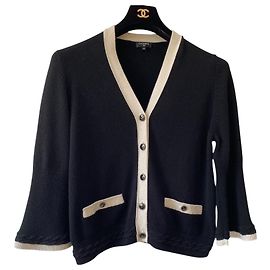 Chanel Cashmere schwarzer und ecrufarbener klassischer Cardigan FR 42 Schwarz Beige