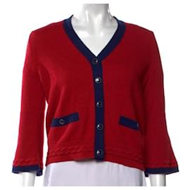 Chanel-Chanel Cashmere Red and Navy Blue Classic Cardigan FR 42-Red,Navy blue