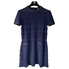 Chanel-Chanel Navy Blue 2019 Wool Short Sleeve Textured Knit Dress FR 36-Navy blue