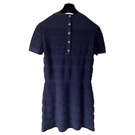 Chanel-Chanel Navy Blue 2019 Wool Short Sleeve Textured Knit Dress FR 36-Navy blue