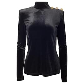Balmain-Balmain Embellished High-Neck Long Sleeve Top in Black Velvet-Black