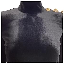 Balmain-Balmain Embellished High-Neck Long Sleeve Top in Black Velvet-Black