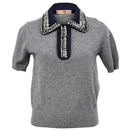Autre Marque-N 21 Crystal Embellished Polo Sweater in Grey Wool-Grey