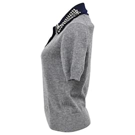 Autre Marque-N 21 Crystal Embellished Polo Sweater in Grey Wool-Grey
