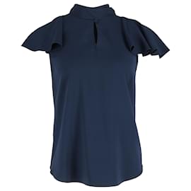 Oscar de la Renta-Oscar de la Renta Flutter Sleeve Blouse in Navy Blue Silk-Blue,Navy blue