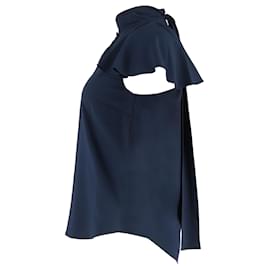 Oscar de la Renta-Oscar de la Renta Flutter Sleeve Blouse in Navy Blue Silk-Blue,Navy blue