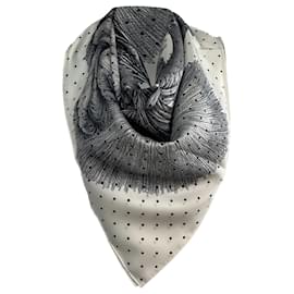 Hermès-Écharpe Hermès Plumets Et Panaches en soie noire et blanche-Blanc