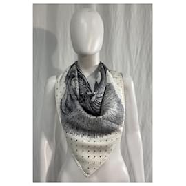 Hermès-Écharpe Hermès Plumets Et Panaches en soie noire et blanche-Blanc