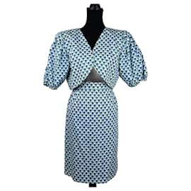 Yves Saint Laurent Costume vintage bleu à fleurs YSL 1991 Blanc Bleu