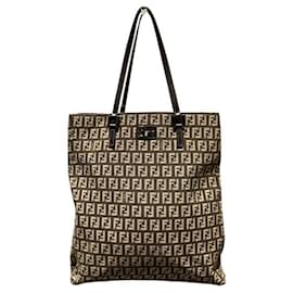 Fendi-Fendi Zucchino Canvas and Leather Tote Bag-Brown