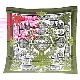 Hermès-Hermes Carré 90 Silk Scarf-White,Green,Dark red