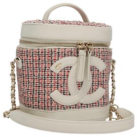 CHANEL Vanity Kosmetiktasche Tweed Leder 2in1 Rot Weiß CC Auth 108914AM Weiß Rot