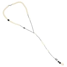 Chanel-CHANEL Pearl Necklace metal White CC Auth bs25548-White