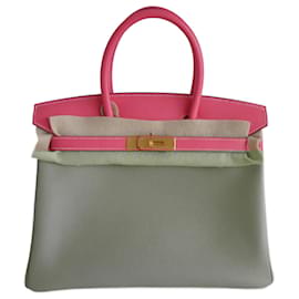 Hermès-Sac Hermes Birkin 30 rose azalée / étoupe-Rose,Gris