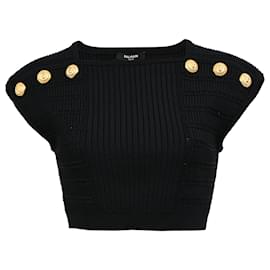 Balmain- Balmain Knitted Six-Button Cropped Top in Black Viscose-Black