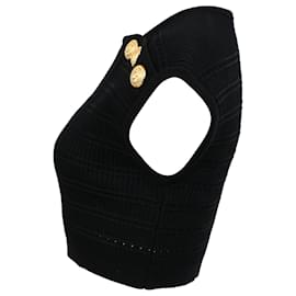 Balmain- Balmain Knitted Six-Button Cropped Top in Black Viscose-Black