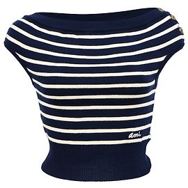 Gestreiftes Off-Shoulder-Top von Ami aus marineblauer Wolle Blau Marineblau