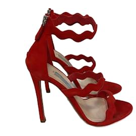 Prada-Prada Scallop Detail Sandal Heels in Red Suede-Red