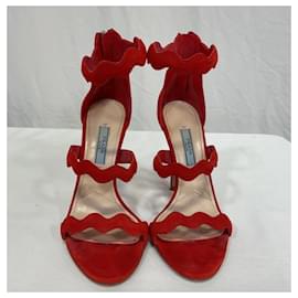 Prada-Prada Scallop Detail Sandal Heels in Red Suede-Red