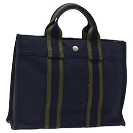 Hermès-HERMES Fourre Tout PM Sac à Main Toile Vert Marine Argent Auth sw656-Argenté,Vert,Bleu Marine