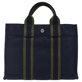 Hermès-HERMES Fourre Tout PM Sac à Main Toile Vert Marine Argent Auth sw656-Argenté,Vert,Bleu Marine