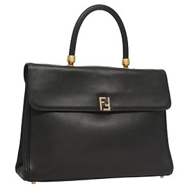 FENDI Business Bag Leather 2way Black Gold Auth 124230 Black Golden