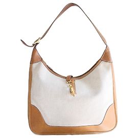 Bolsa de mão Hermès Trim em lona bege e couro camelo Bege