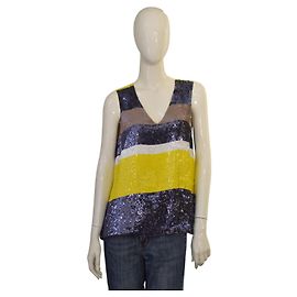 Parosh Top de seda con lentejuelas azul y amarillo sin mangas M Multicolor