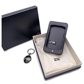 Montblanc Ensemble d'accessoires de porte-clés en acier inoxydable avec étui en cuir noir Noir