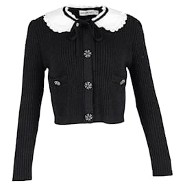 Self portrait-Self-Portrait Collared Metallic-Weave Cardigan in Black Cotton-Black